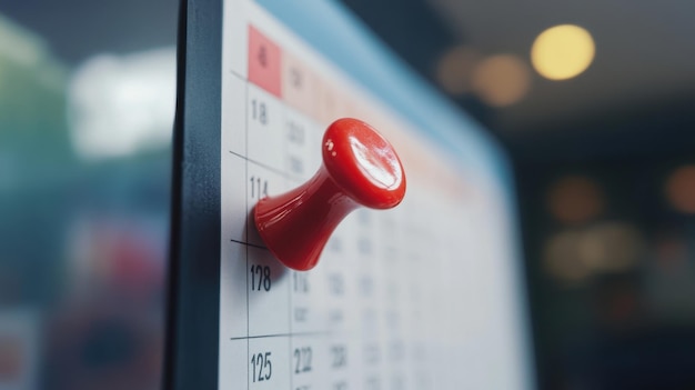 Photo closeup of a red pushpin on a calendar at an office during midday