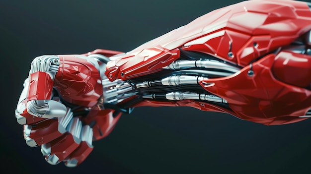 Photo closeup of a red robotic arm with a clenched fist