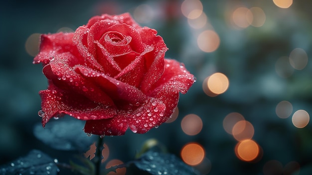 Closeup of red rose with water drops