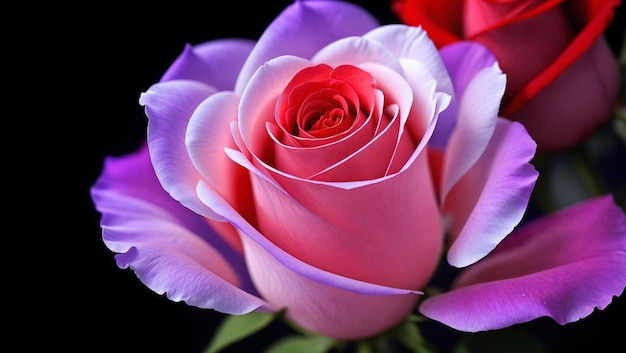 Photo a closeup of a red rose with whitetipped petals against a dark background