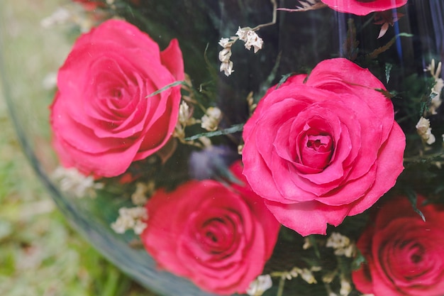 Closeup red roses adorned in glass jars to decorate the interior of the house