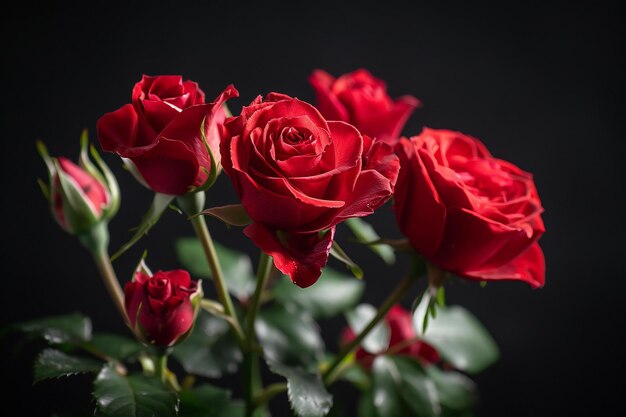 Closeup of red roses in full bloom against a black background