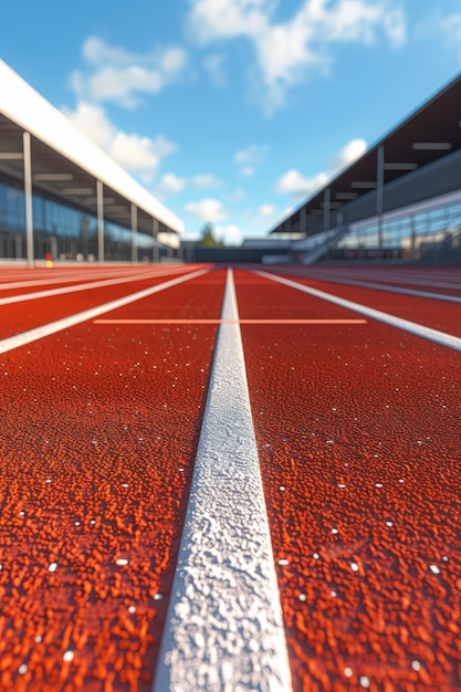 CloseUp of Red Running Track with White Lane Markings at Modern Outdoor Sports Facility