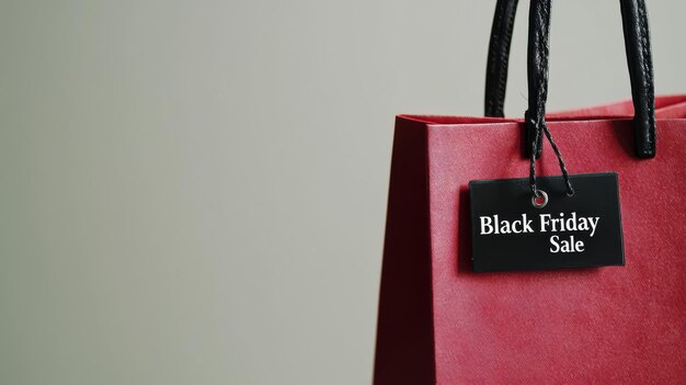 Closeup of a red shopping bag with a Black Friday Sale tag against a minimalist white background with space for text