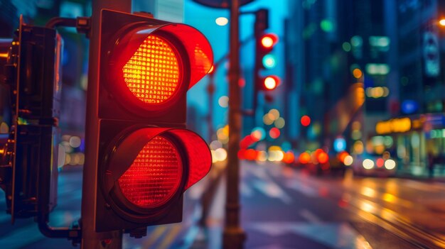 A closeup of a red traffic light glowing brightly at an urban intersection during the evening rush hour