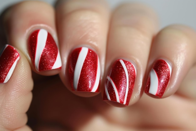 Closeup of red and white striped candy cane nail art perfect for the festive season