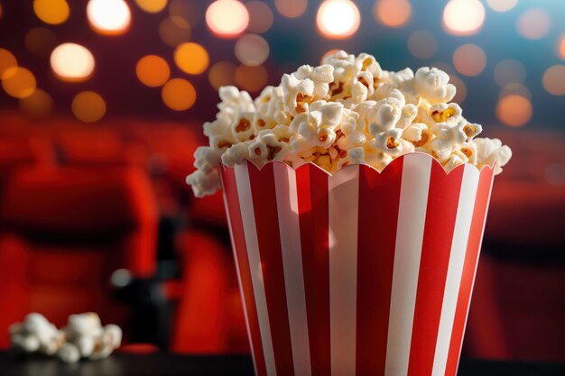 Photo closeup of a red and white striped popcorn bucket filled with fluffy popcorn in a movie theater