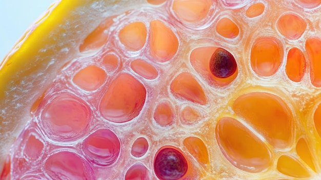 Photo closeup of a red and yellow fruit39s interior with seeds