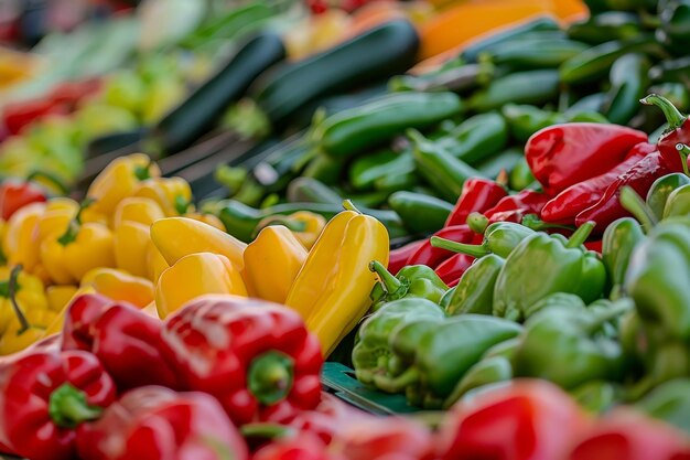 Photo closeup of red yellow and green bell peppers at a market