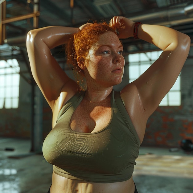 Photo closeup of a redhead plussize woman stretching her arms