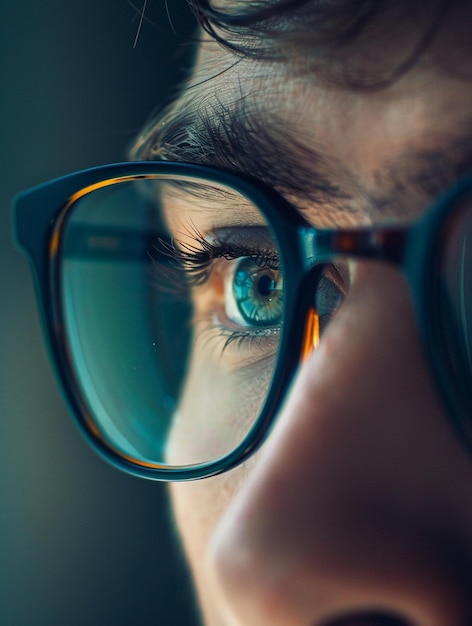 CloseUp of Reflective Eyeglasses and Focused Eye