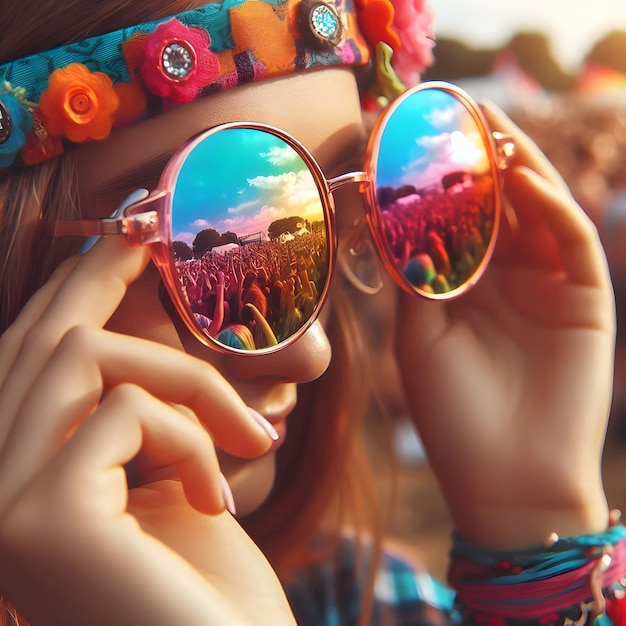 A closeup of reflective wayfarer sunglasses captures a summer festivals vibrant colors