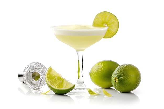 Closeup of a refreshing cocktail with lime garnishes and a cocktail strainer