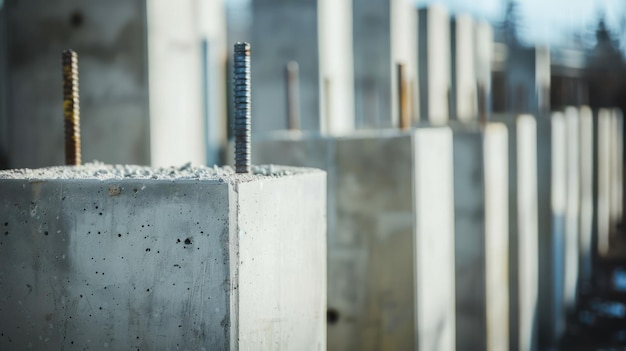 Photo a closeup of reinforced concrete pillars at a concrete construction site