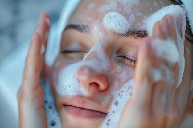 Closeup of a relaxed woman with cleansing foam on her face during her skincare ritual