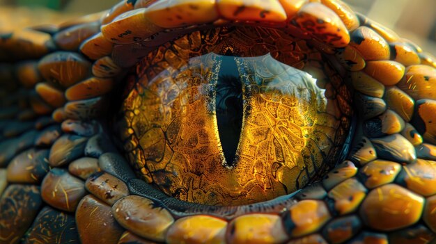 Photo closeup of a reptile eye with golden scales