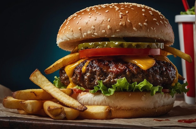 Closeup of a retro burger with a side of fries