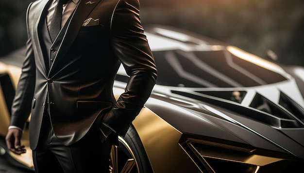 A CloseUp of a Rich Businessman Standing in Front of a Luxurious Supercar Generative AI