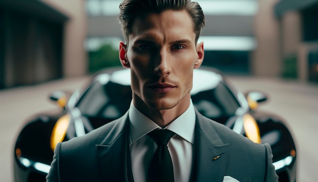 A CloseUp of a Rich Businessman Standing in Front of a Luxurious Supercar Generative AI