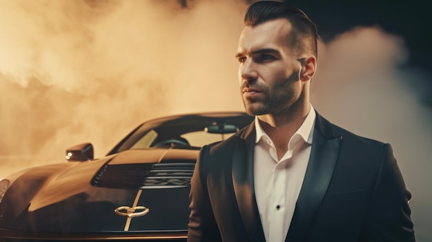 A CloseUp of a Rich Businessman Standing in Front of a Luxurious Supercar Generative AI