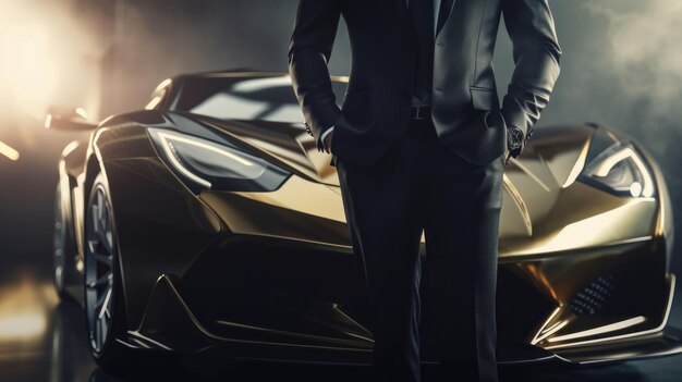 A CloseUp of a Rich Businessman Standing in Front of a Luxurious Supercar Generative AI