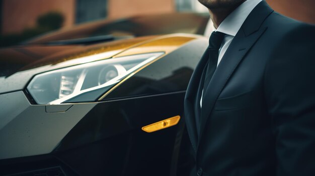 A CloseUp of a Rich Businessman Standing in Front of a Luxurious Supercar Generative AI