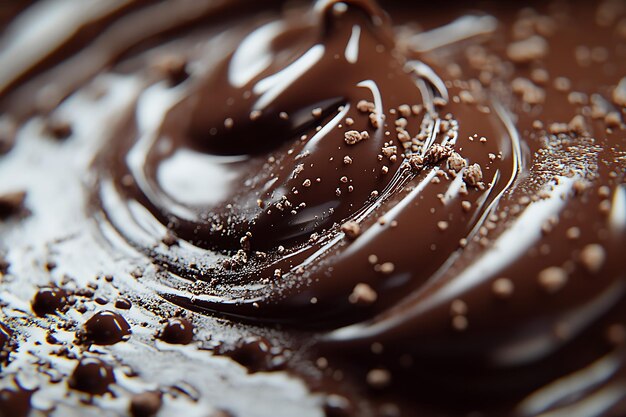 Photo closeup of rich dark chocolate with swirls and cocoa powder sprinkled on top