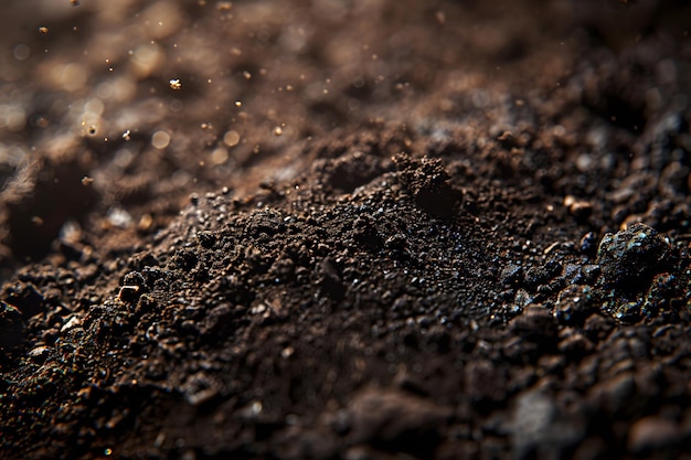 CloseUp of Rich Soil with Dust Particles Glimmering in Light