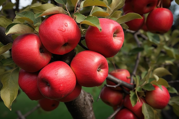 Closeup of ripe apples on a tree branch