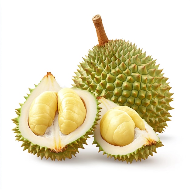 CloseUp of Ripe Durian Fruit with Spiky Green Shell and Creamy Yellow Flesh on a White Background