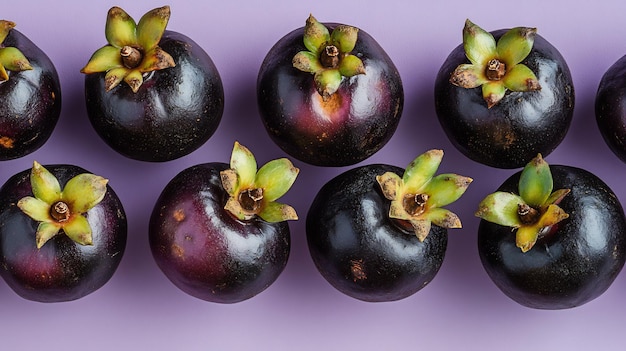 Photo closeup of ripe mangosteen garcinia mangostana their dark purple skin green top arranged light