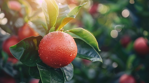 Closeup of a ripe orange with dewdrops hanging from a tree branch in a sunny orchard