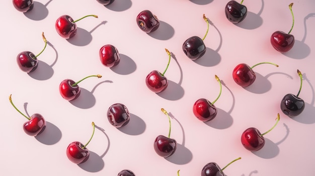 CloseUp of Ripe Red Cherries with Green Stems on Light Background