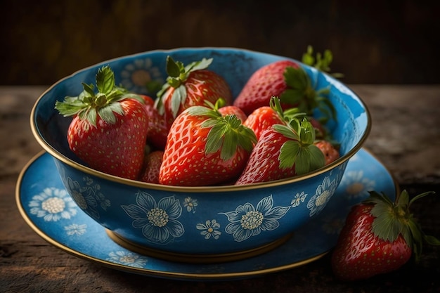 Closeup of ripe strawberries in a blue bowl on a rustic wooden board perfect for summer desserts Fresh red strawberries in a filled bowl with an elegant seasonal harvest aesthetic Generative AI