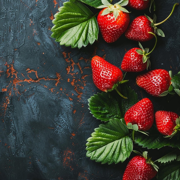 Closeup of Ripe Strawberries with Green Leaves