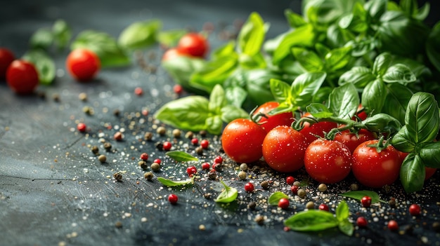 Closeup of ripe tomatoes fragrant basil leaves and a sprinkling of peppercorns on a dark surface