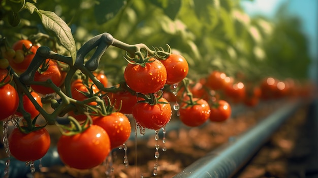 Closeup of ripe tomatoes growing in a greenhouse