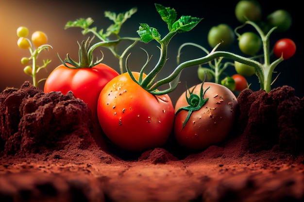 Closeup of ripe tomatoes growing on soil Generative AI