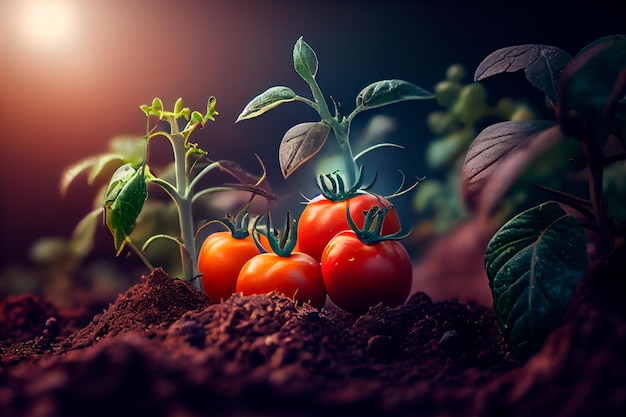 Closeup of ripe tomatoes growing on soil Generative AI