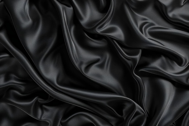 Closeup of rippled black silk fabric Whole background