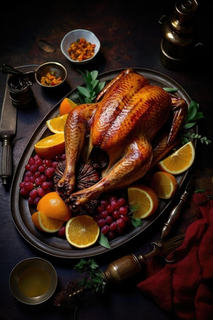 Closeup of roasted turkey on a platter created with generative ai