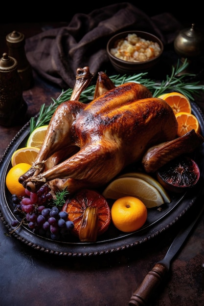 Closeup of roasted turkey on a rustic plate created with generative ai