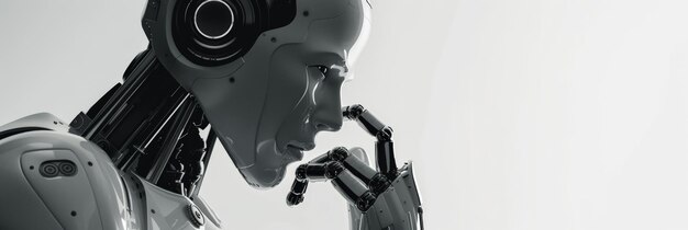 Photo closeup of a robot in deep thought focusing on its mechanical hand represents ai robotics and futuristic technology