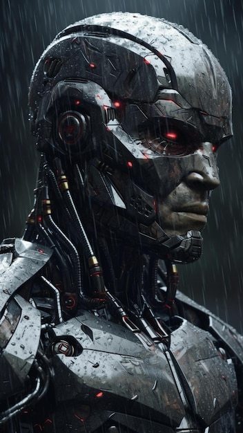 Closeup of a robot in the rain for phone wallpapers