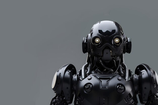 Closeup of a robot with a black body on a gray background