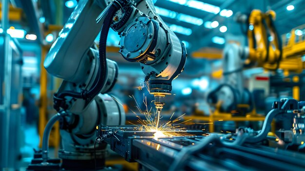 A closeup of a robotic arm performing welding operation