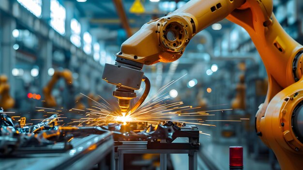 A closeup of a robotic arm performing welding operation