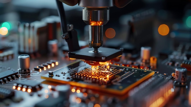 A closeup of a robotic arm soldering a microchip onto a circuit board