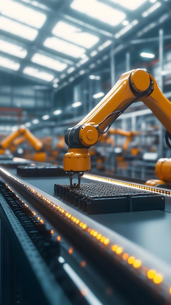 Photo closeup of a robotic arm working on a production line