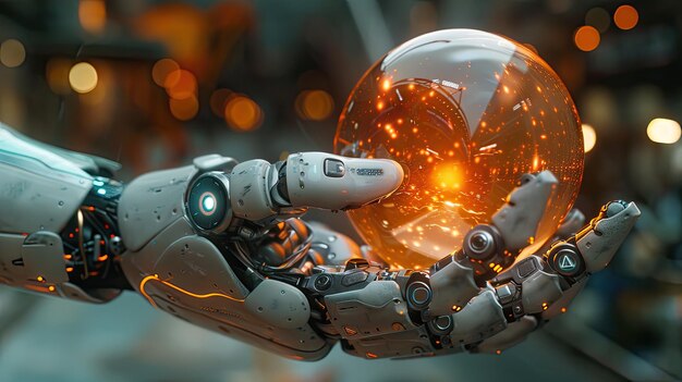 Closeup of a robotic hand holding a glowing orb